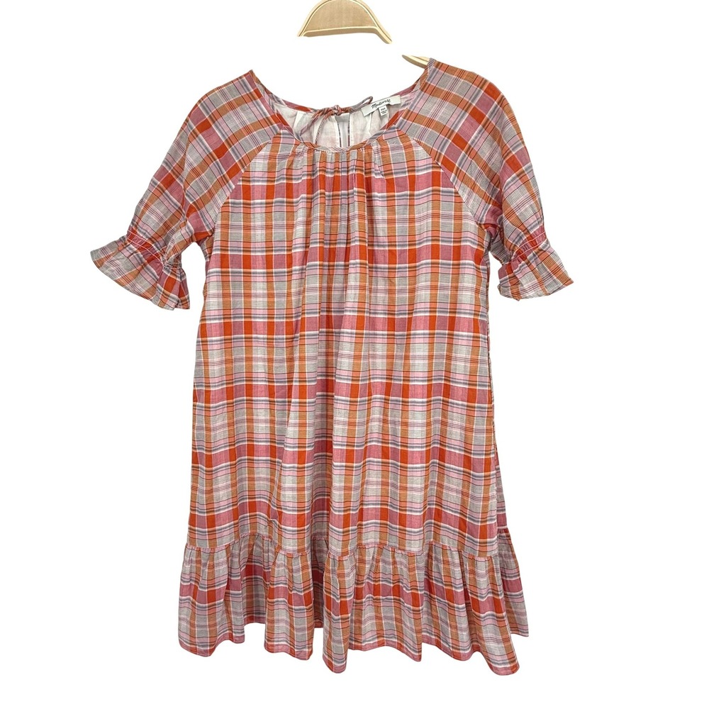 Madewell Plaid Mini Dress Womens XXS Orange Pink Excellent Ruffle Babydoll AO279